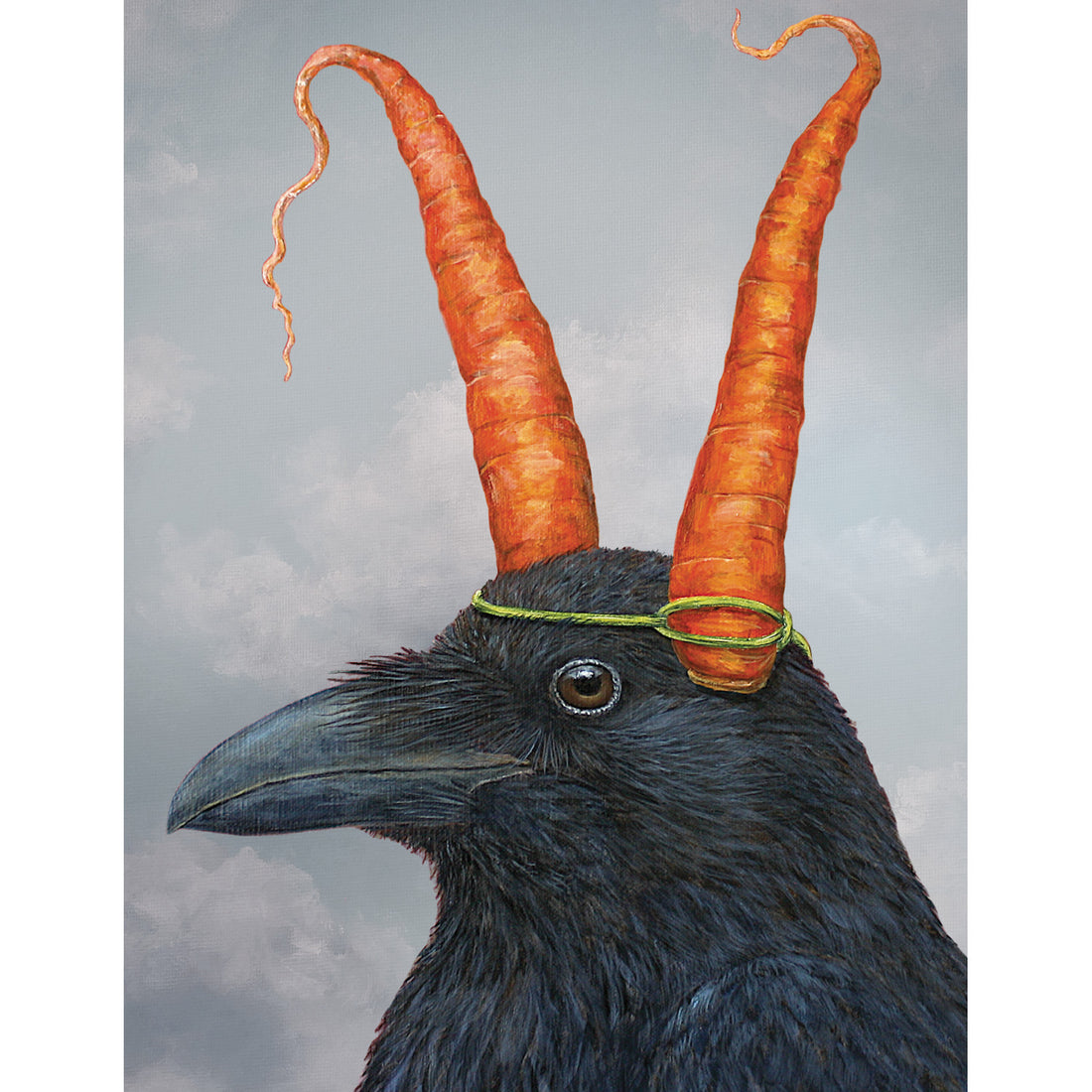 A black Nevermore Raven Card with carrot horns on its head, an artwork for the occasion by Hester &amp; Cook.
