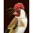 A painting of Chauncey the Goldfinch with a strawberry hat, perfect as an occasion card artwork by Hester & Cook.