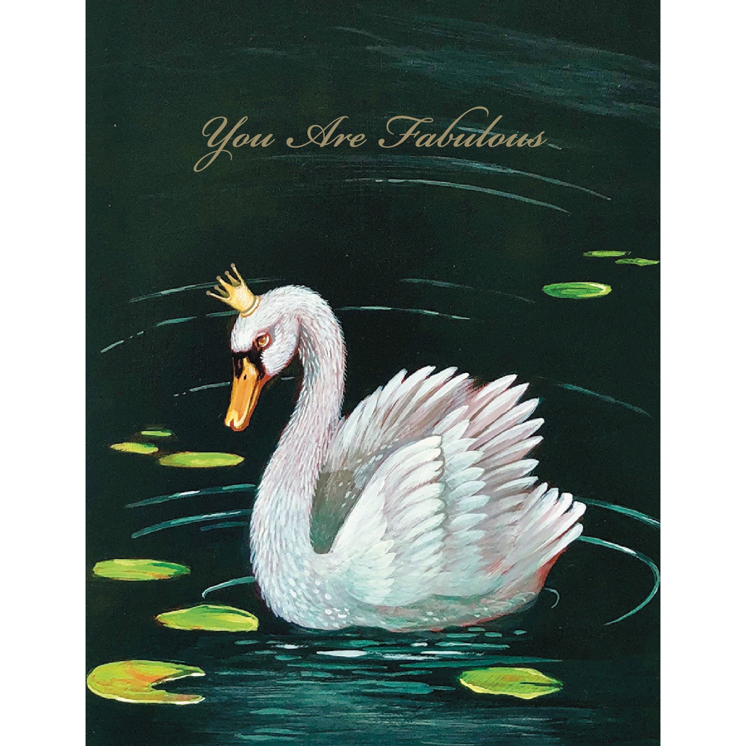 A white Fabulous Swan Card gracefully glides through a serene pond adorned with lily pads, surrounded by the heartfelt words &quot;you are fabulous.&quot; This exquisite scene, captured in an original artwork, is Hester &amp; Cook.