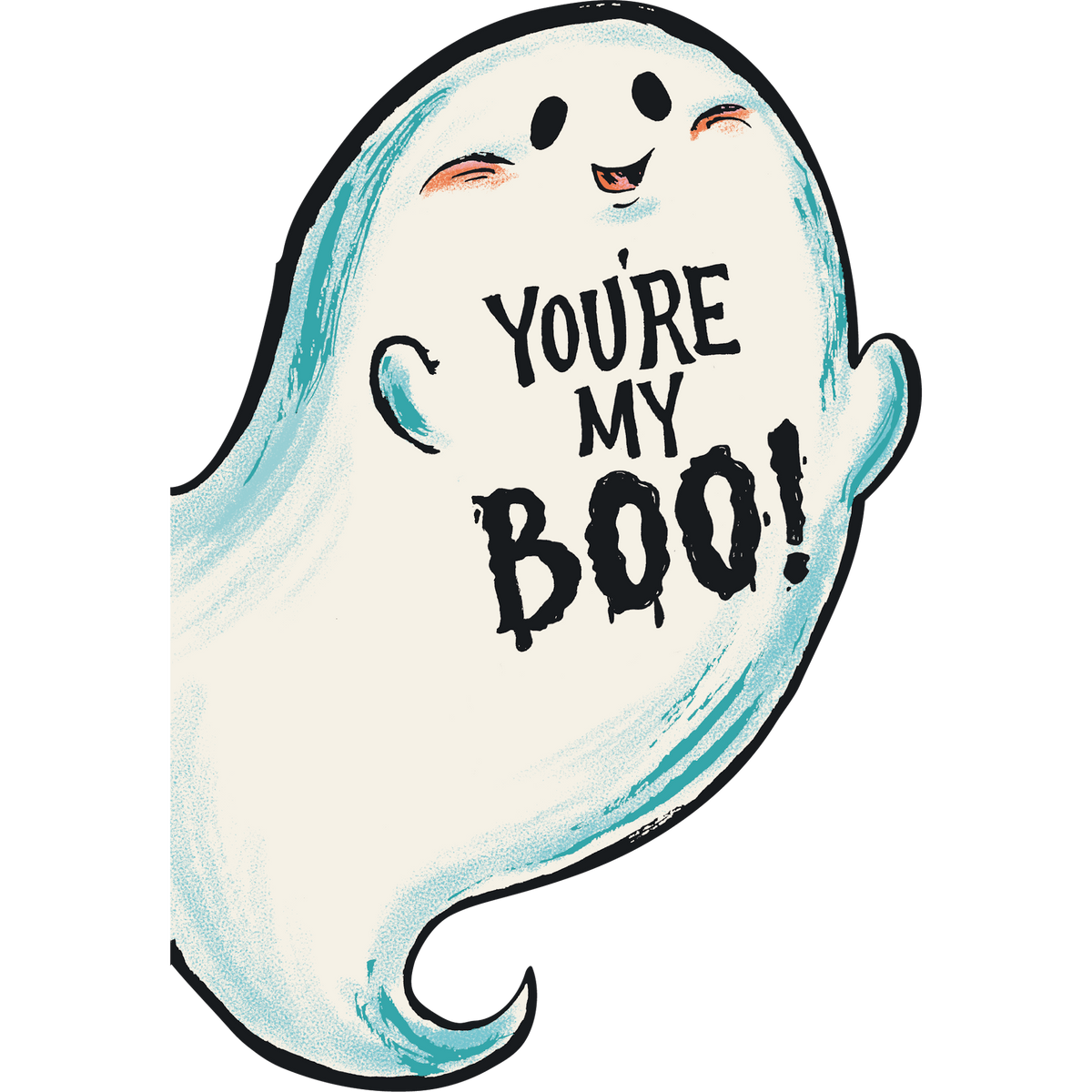 A greeting card with a cartoonish ghost character holding a sign that says &