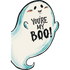 A greeting card with a cartoonish ghost character holding a sign that says &