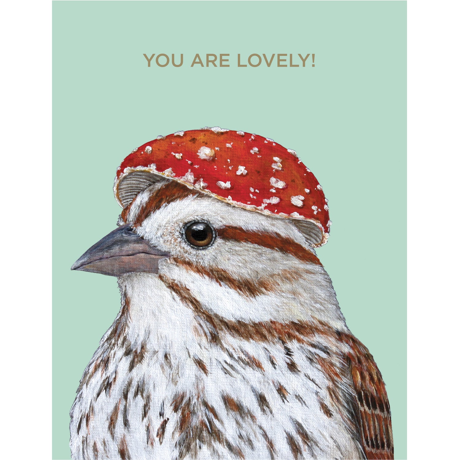 A lovely Hester &amp; Cook Sparrow card with artwork featuring a bird wearing a mushroom hat, enhanced with gold foil accents.