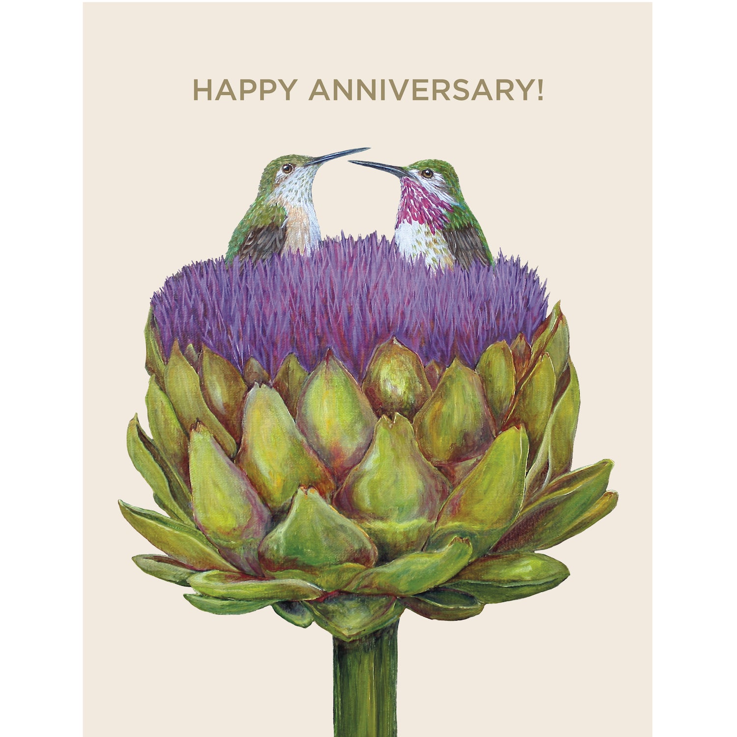 Two Anniversary Hummingbirds on a Hester &amp; Cook artichoke flower card.