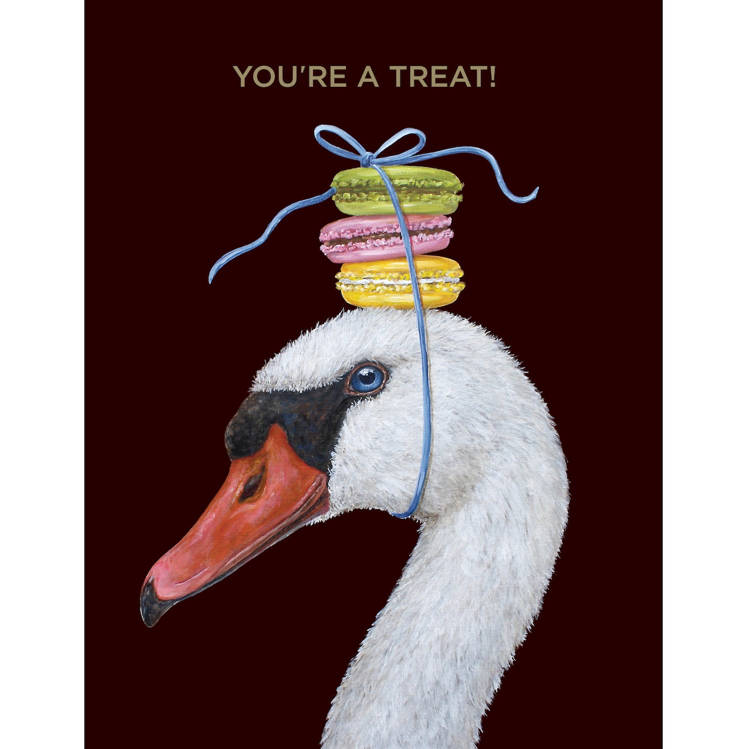 A whimsical artwork by Vicki Sawyer featuring a swan wearing the Macaroon Swan Card as a whimsical headpiece.
