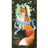 A whimsical illustration of an orange and white fox sitting amongst lush forest greenery, with two birds on either side holding up a blue banner reading "HAPPY BIRTHDAY" in gold stretched in front of the fox.