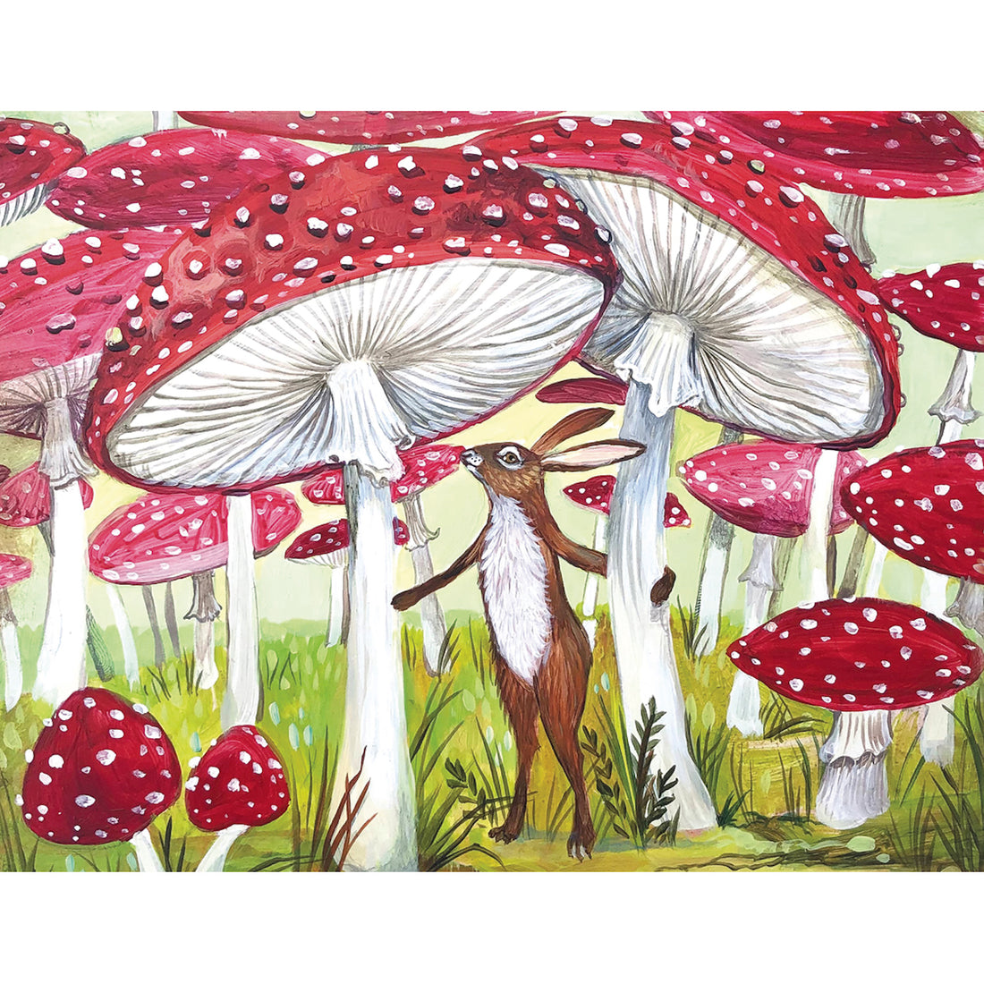 A whimsical illustration of a brown and white rabbit standing among a dense forest of gigantic red and white mushrooms in green grass.