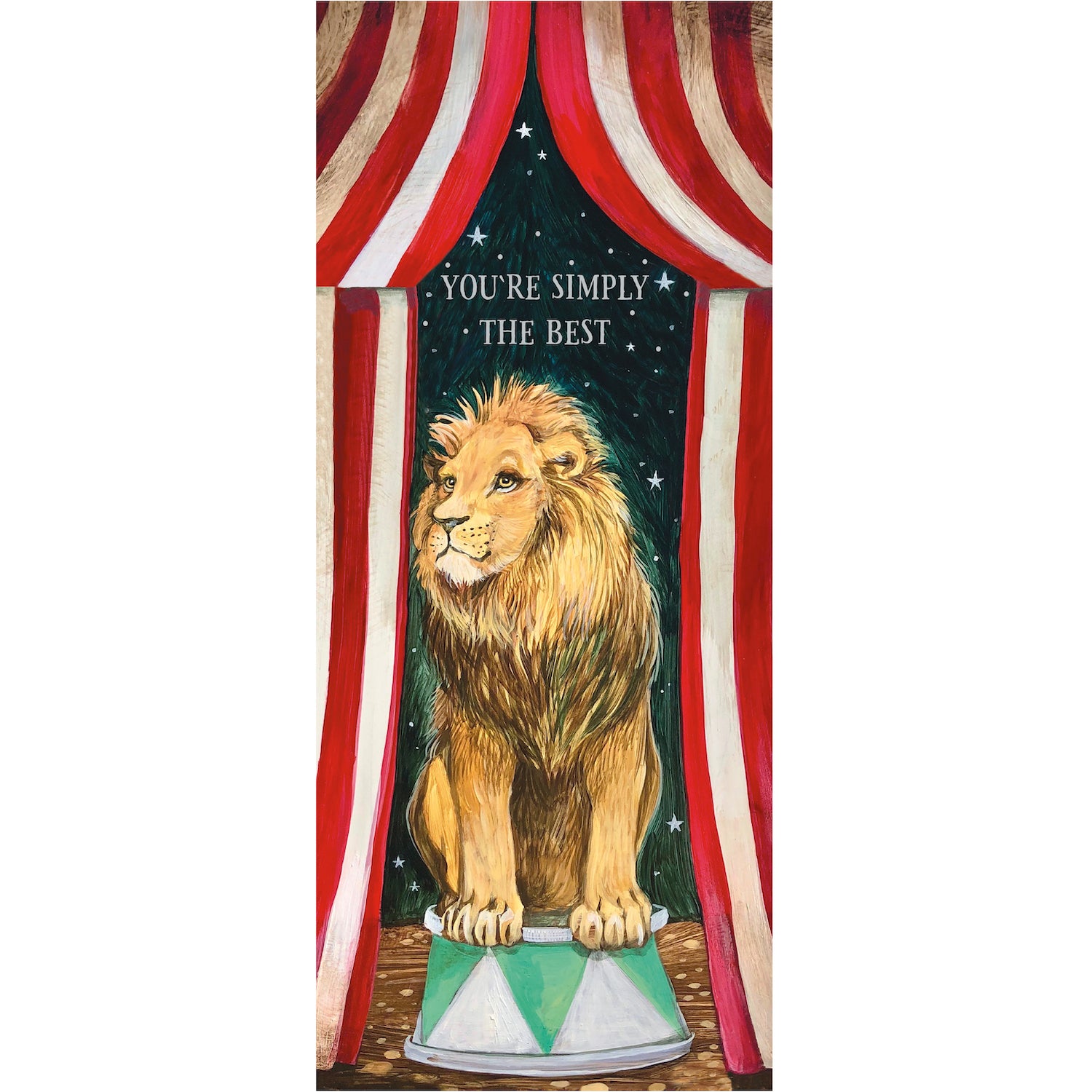 An artwork featuring a lion on a stage, with the silver foil message &quot;Simply Best Lion Card&quot; on a Hester &amp; Cook card.