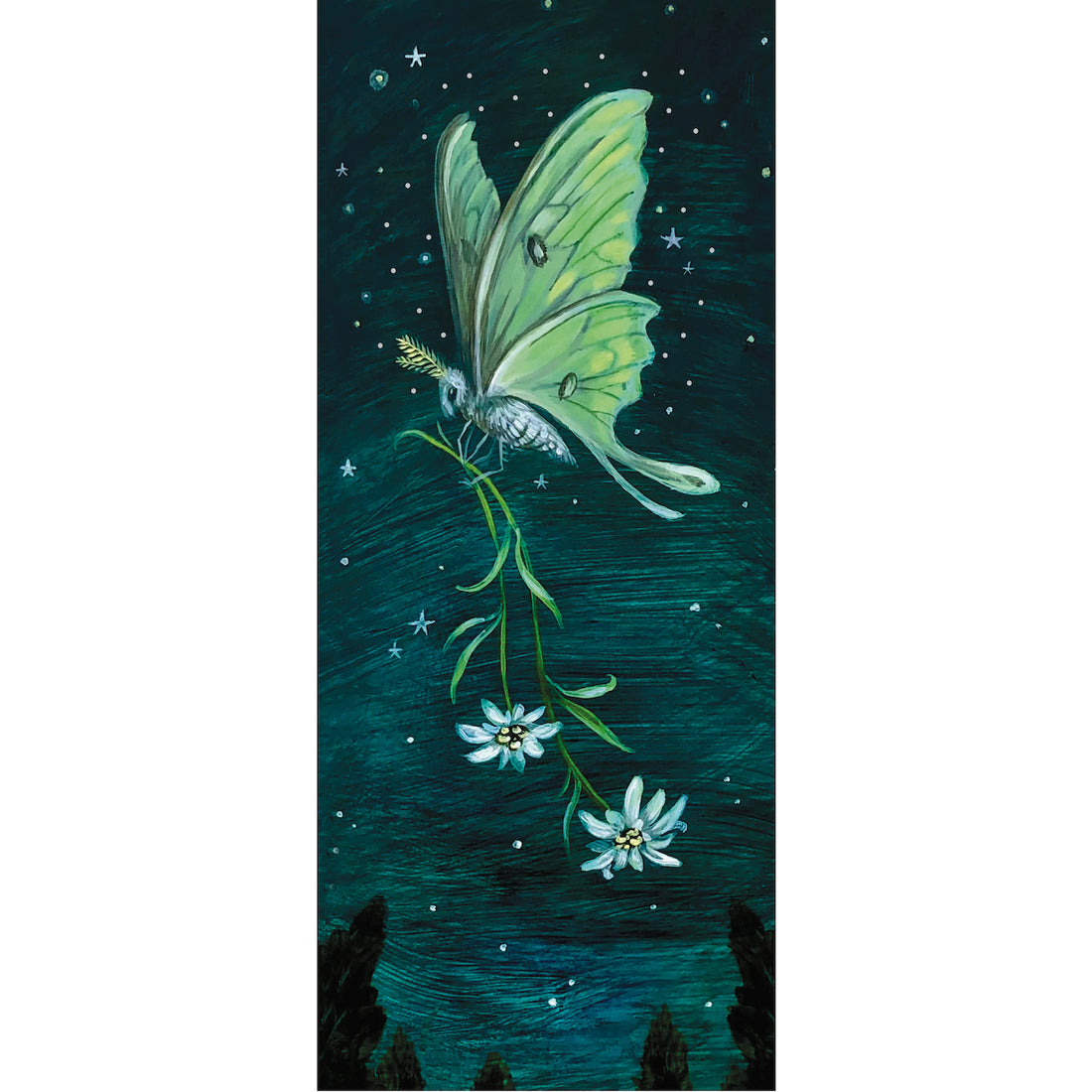 A whimsical illustration of a lime green moth with bushy antennas, flying through the starry night sky carrying two white blooms by the stems.