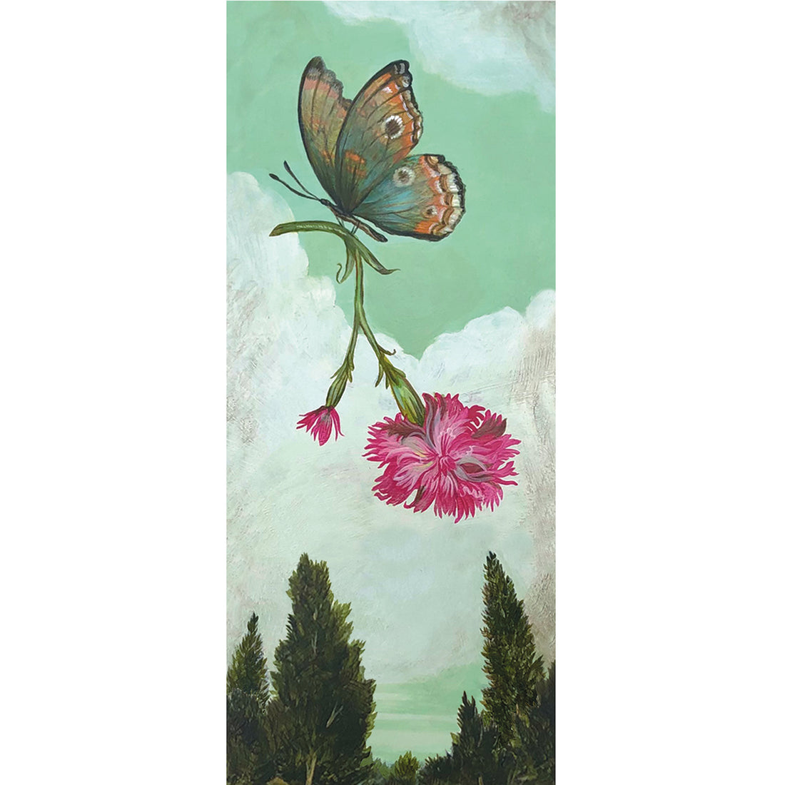 A whimsical illustration of a blue and orange butterfly flying through a cloudy teal sky carrying a fluffy pink flower by the stem over dark green trees.