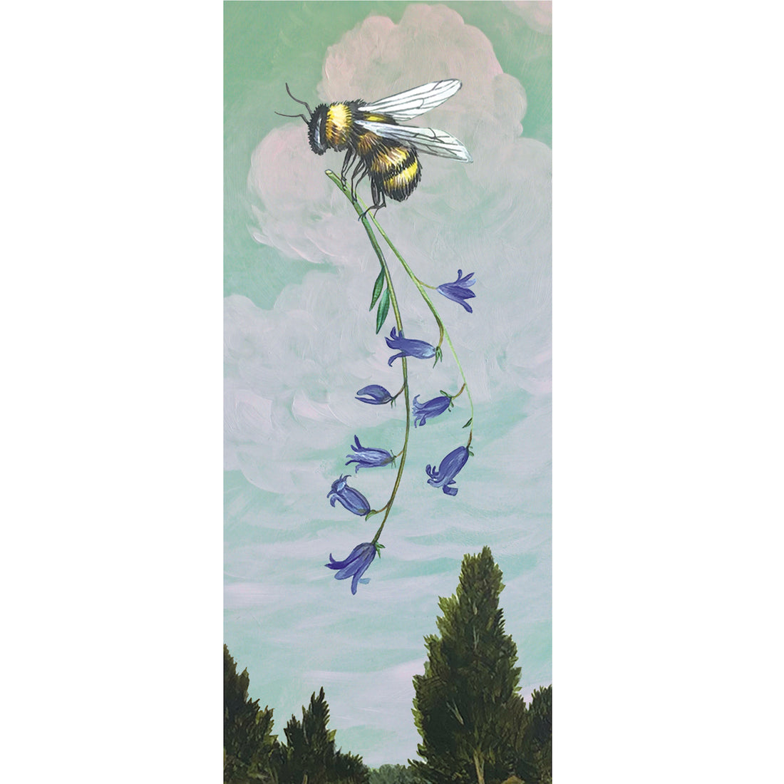 An illustration of a fluffy yellow and black bee carrying a stem of blue flowers through the air in a teal cloudy sky with trees below.