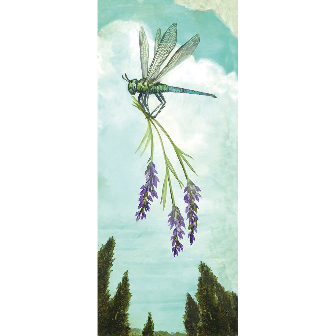 A whimsical illustration of a blue-green dragonfly carrying purple flowers by the stem through a cloudy blue sky over dark green trees.