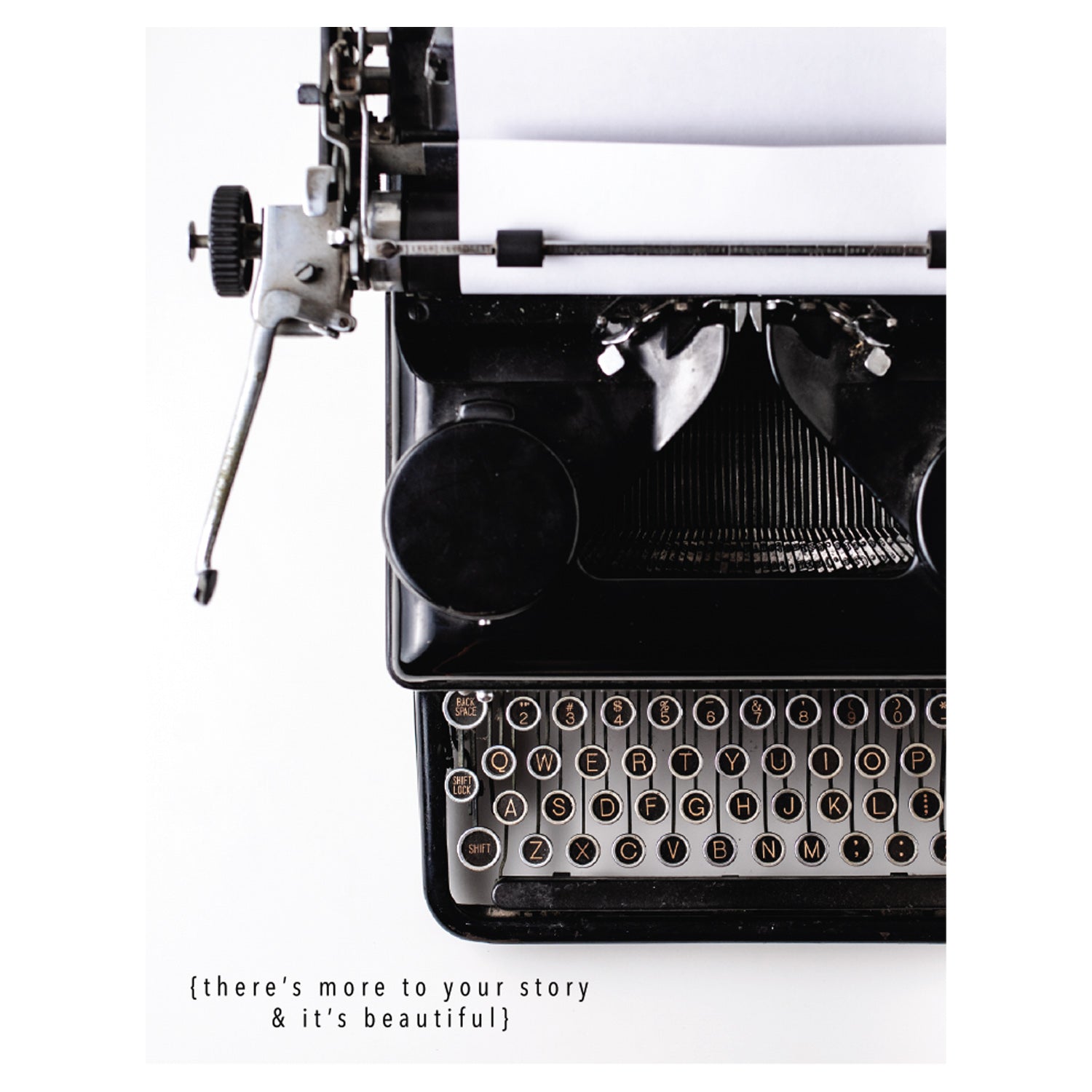 A black and white photo of a vintage typewriter on a white background with &quot;{there&