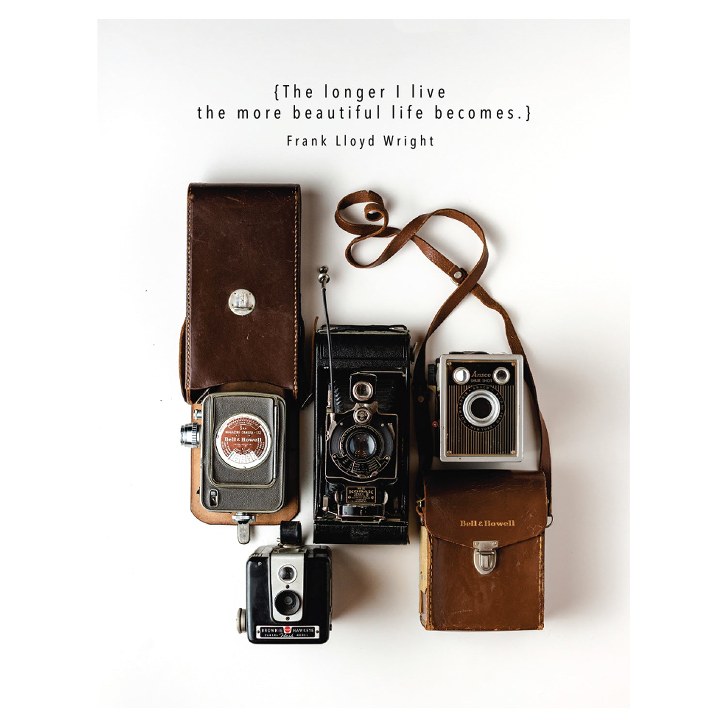 A photo of several vintage cameras arranged on a white background, with &quot;{The longer I live the more beautiful life becomes.} Frank Lloyd Wright&quot; printed in black at the top of the card.
