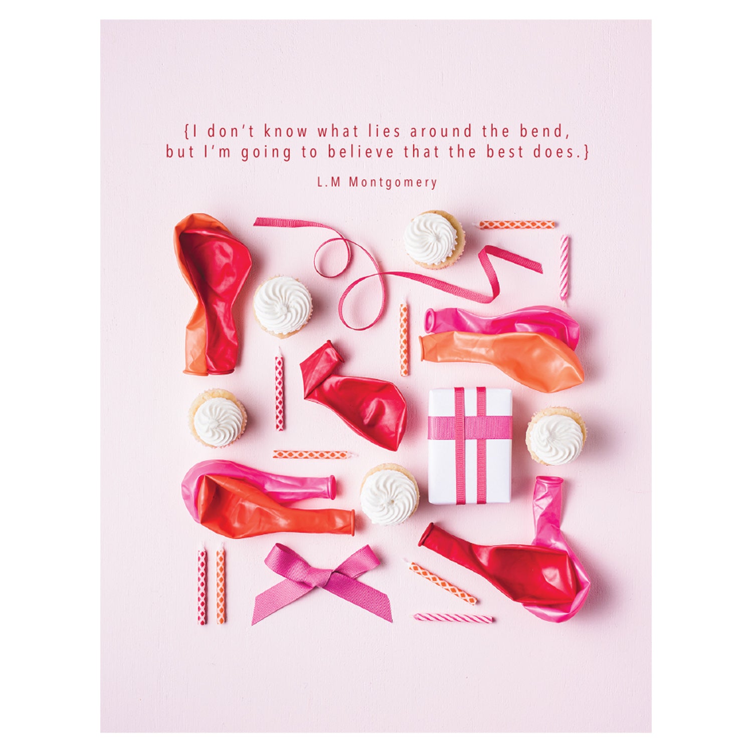A photo of a collection of items including red shoes, striped candies, meringues, pink ribbon, and a gift box arranged on a light pink background with &quot;{I don&