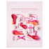 A photo of a collection of items including red shoes, striped candies, meringues, pink ribbon, and a gift box arranged on a light pink background with "{I don&