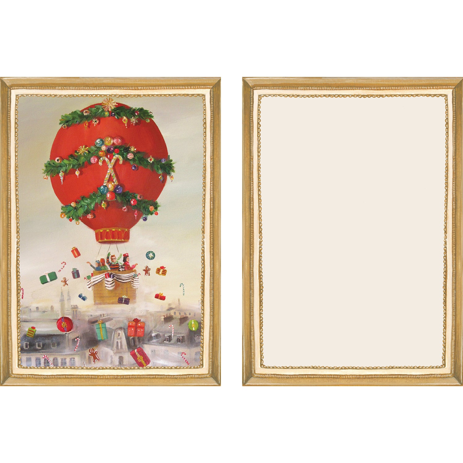 The illustrated front and blank back of a Flat Note, both sides framed in gold, featuring a painterly illustration of a red hot air balloon decorated for Christmas. 