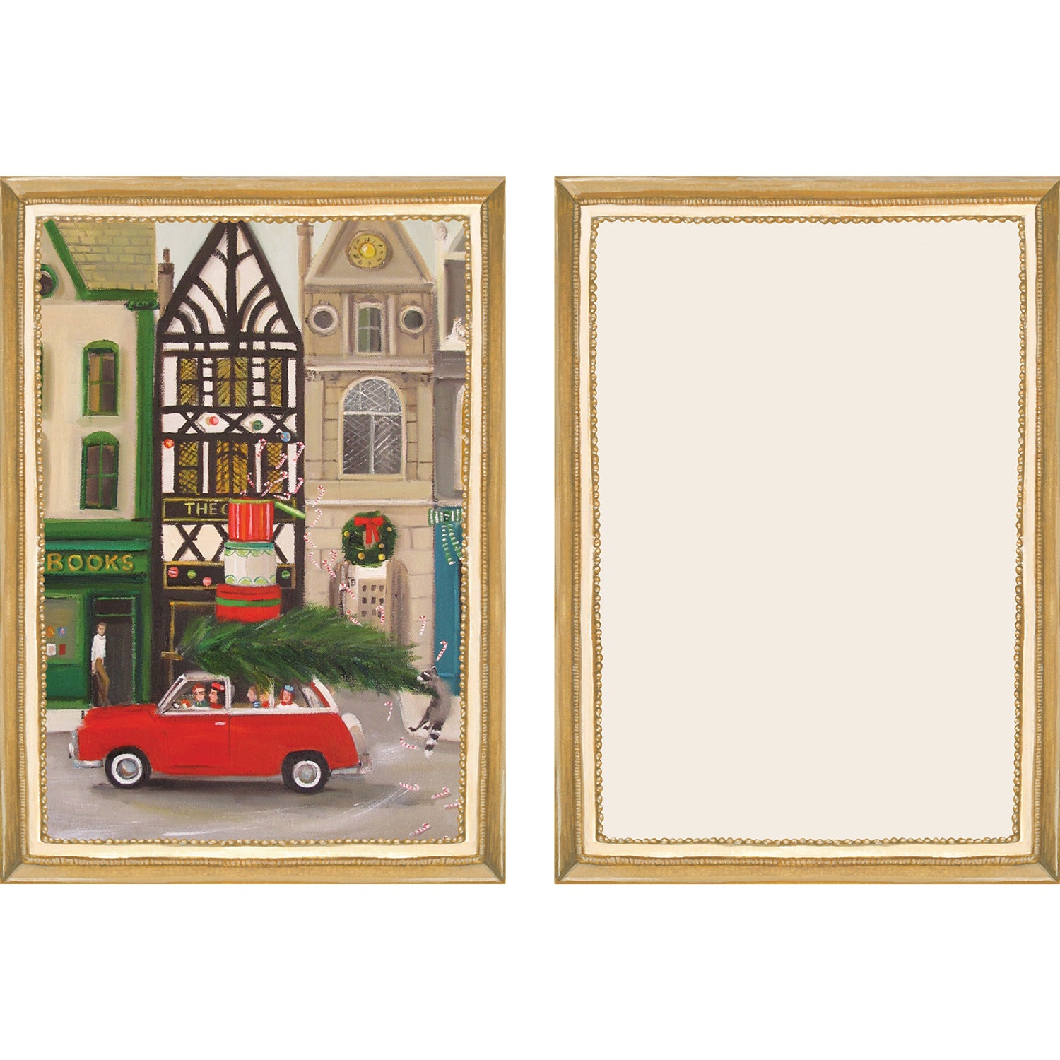 The illustrated front and blank back of a Flat Note, both sides framed in gold, featuring a painterly illustration of a vintage red car parked in front of shops with a tree and gifts stacked on top. 