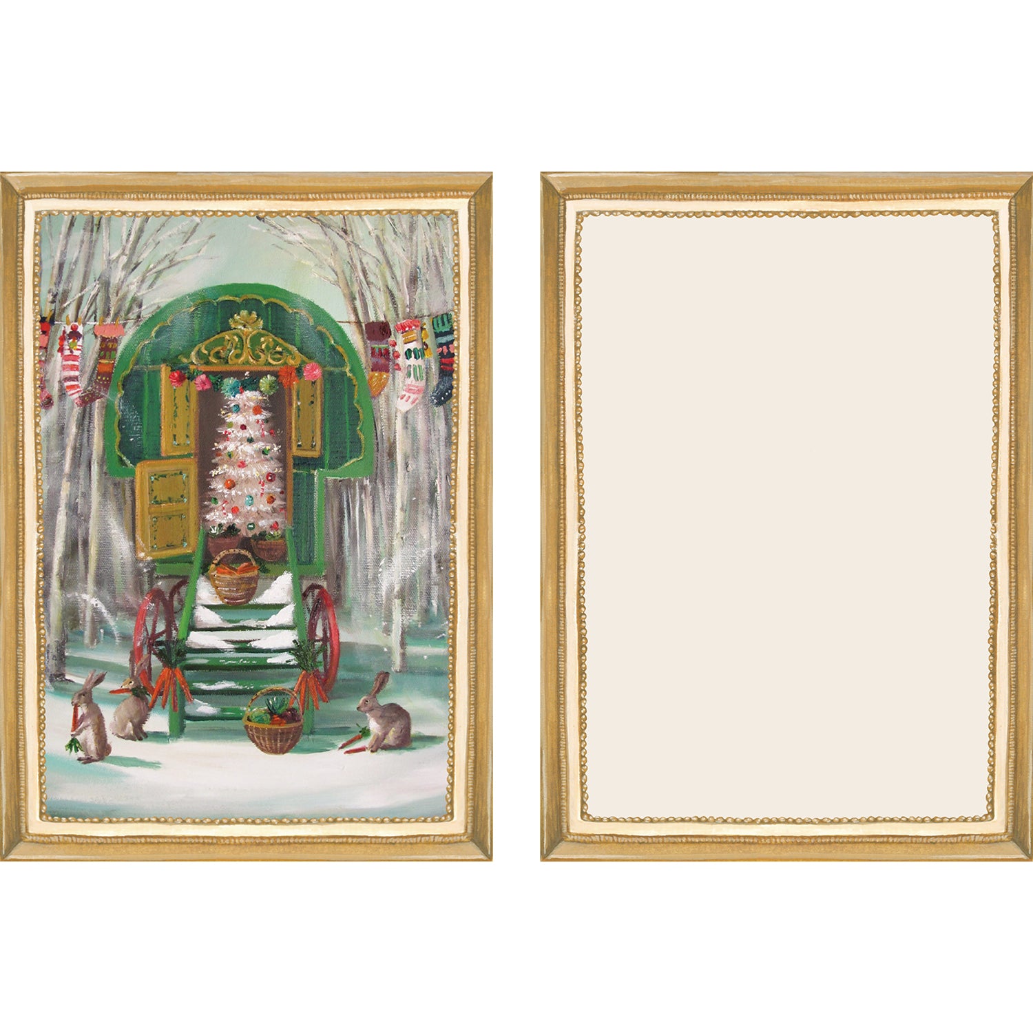 The illustrated front and blank back of a Flat Note, both sides framed in gold, featuring a painterly illustration of the open back of a vintage green carriage wagon with a decorated Christmas tree inside.