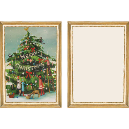 The illustrated front and blank back of a Flat Note, both sides framed in gold, featuring a painterly illustration of a group of people decorating a huge outdoor Christmas tree. 