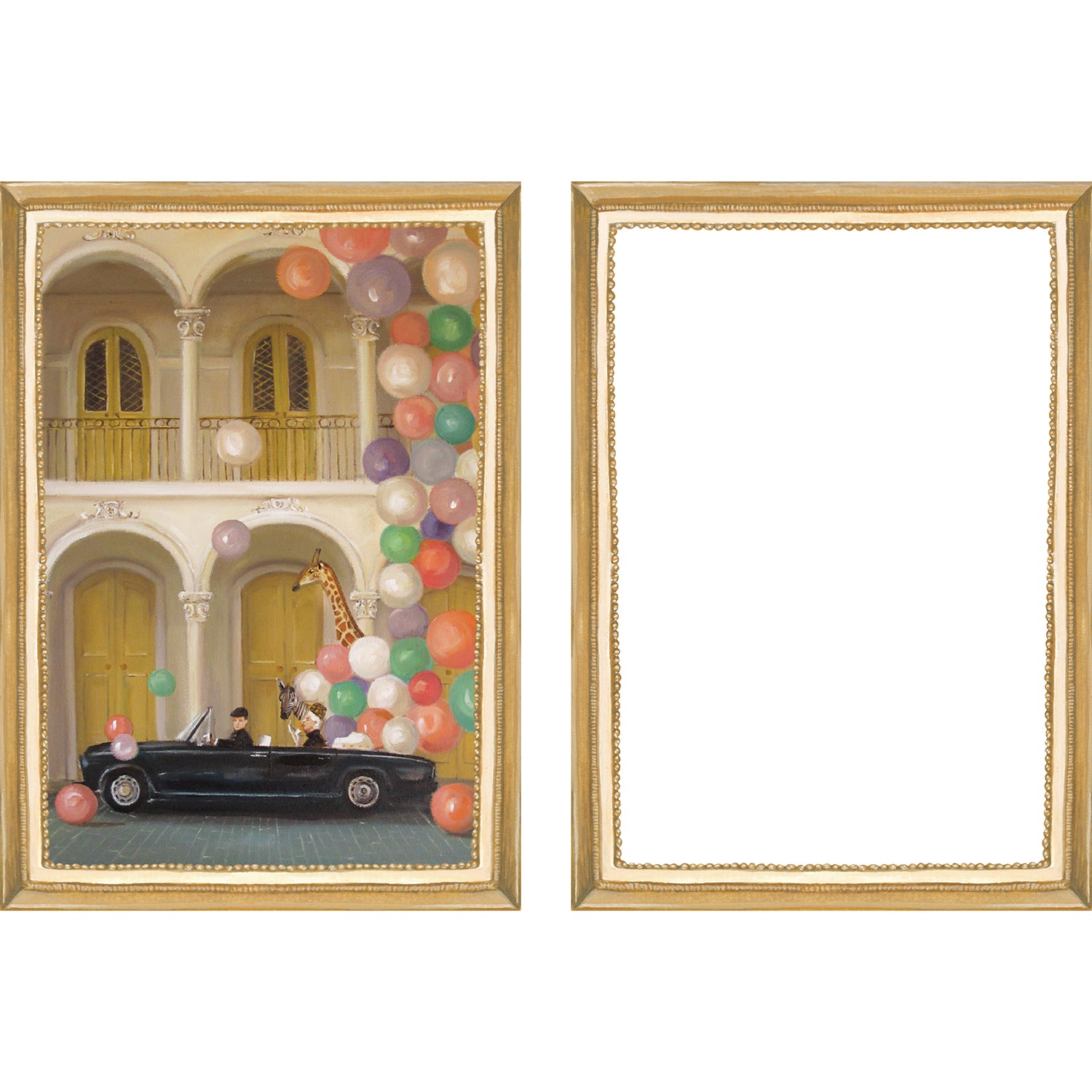 A set of six Hester &amp; Cook Fabulous Fête Flat Note Boxed Set of 6 Cards featuring festive, party-inspired artwork of a living room, dining room, bedroom, and bathroom.