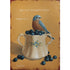 An illustration of a blue bird resting on the edge of a floral tea cup overflowing with blueberries on a tan background, with Bible quote "Psalm 23:5" printed in white over the bird.