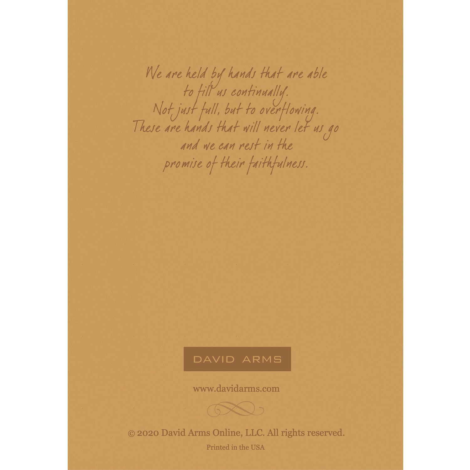 The tan back side of the greeting card, featuring a quote from artist David Arms.