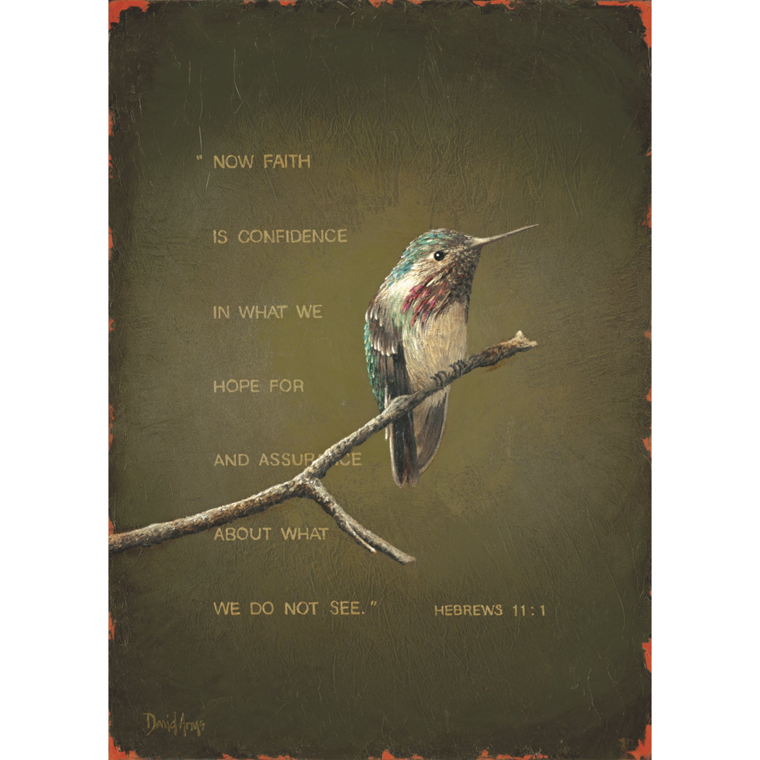 A confident humminbird sitting on a branch with assurance, the Hester &amp; Cook Faith Card.