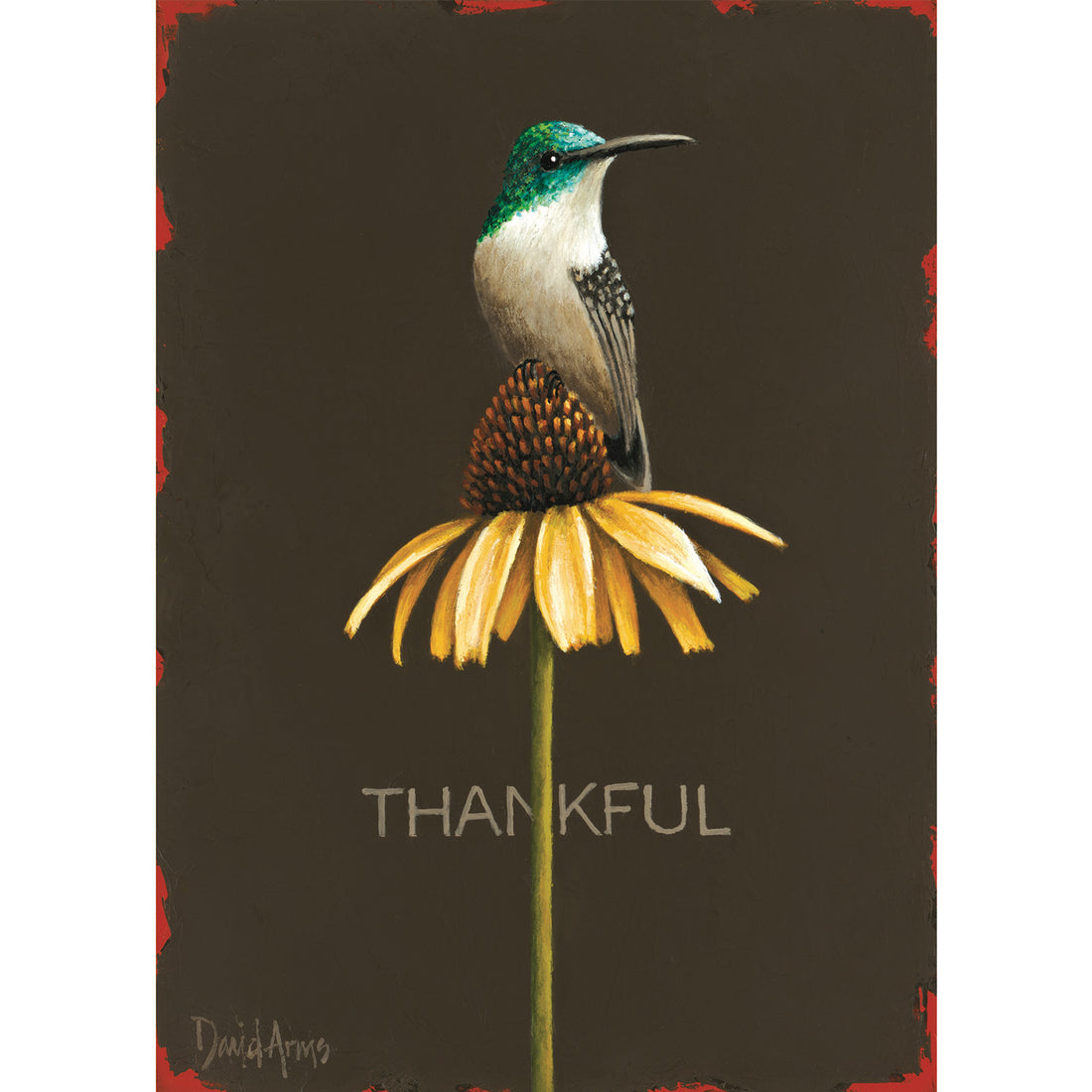 An illustration of a white and green hummingbird resting on a yellow flower on a long green stem over a dark brown background, with &quot;THANKFUL&quot; printed behind the stem.