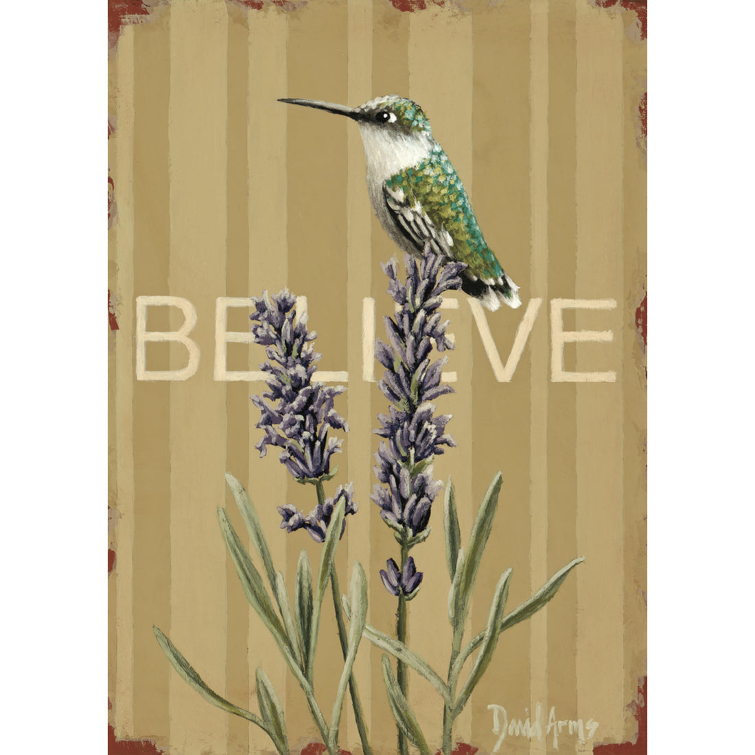 An illustration featuring a green and white hummingbird sitting on lavender flowers over a striped tan background, with &quot;BELIEVE&quot; printed in light tan behind the flowers.
