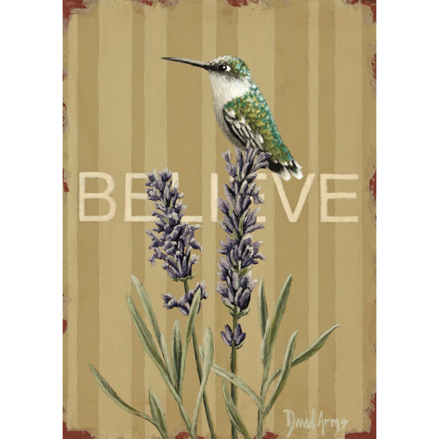A hummingbird sitting on lavender flowers with the word Hester &amp; Cook, captured in a captivating artwork by David Arms.