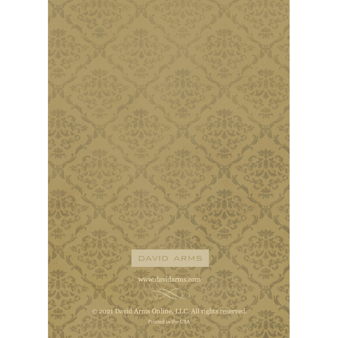 The back side of the greeting card, featuring a gold damask pattern on a brown background, created by David Arms.