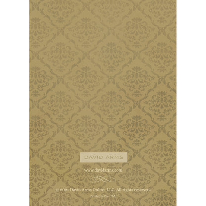 A gold damask pattern on a brown background, created by David Arms, adorns the Believe (Lavender) Card from Hester &amp; Cook.