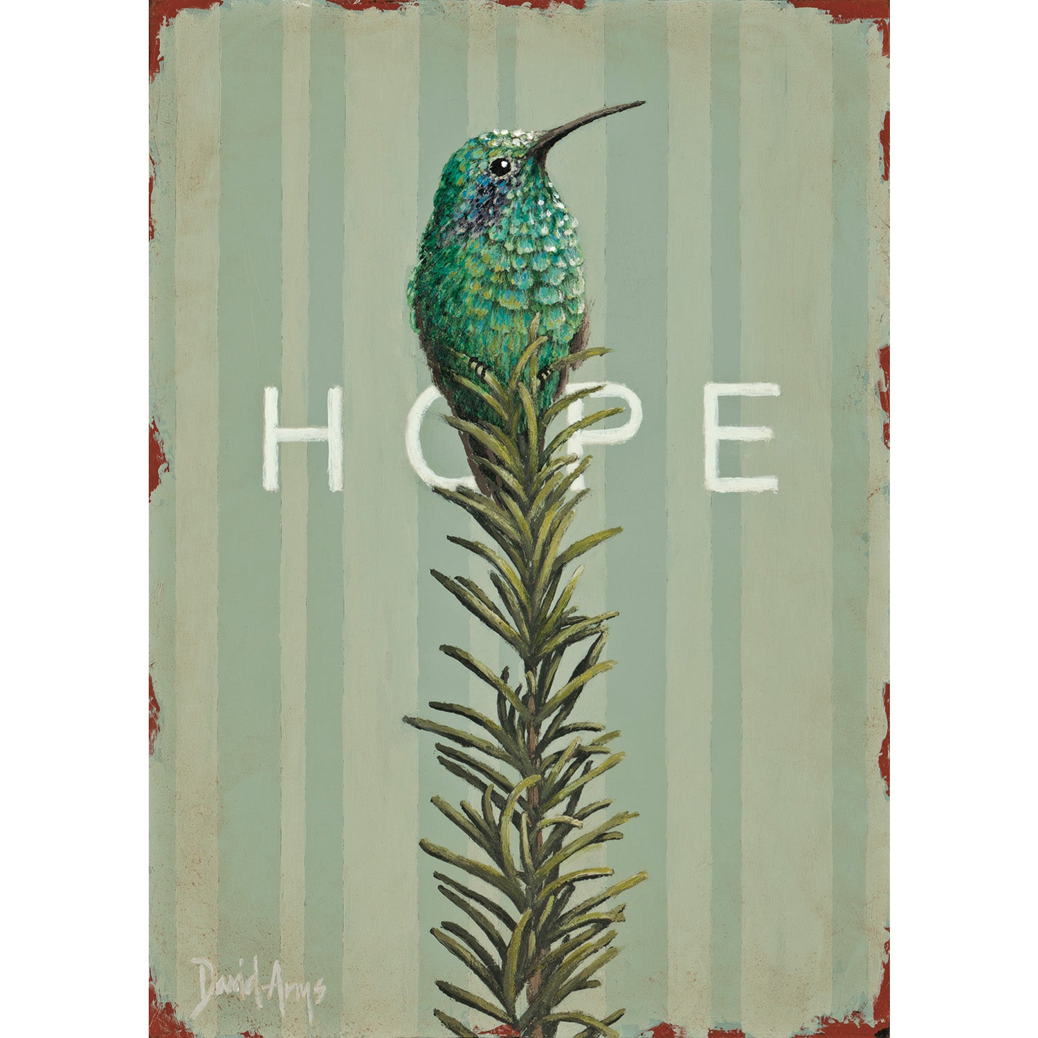 A hummingbird sitting on top of a plant, surrounded by the word Hope (Rosemary) Card and created by artist David Arms.
