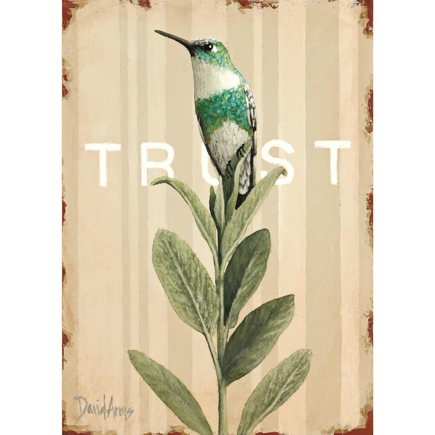 A 5&quot; x 7&quot; Trust (Sage) Card art piece featuring a hummingbird perched on a plant, created by David Arms. Brand: Hester &amp; Cook.