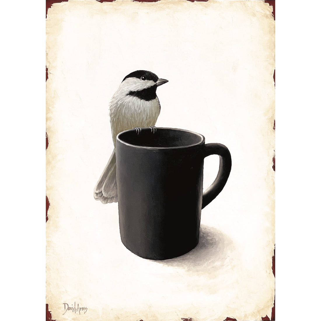 An illustration of a chickadee resting on the edge of a black coffee cup over a light tan background with patinaed edges. 