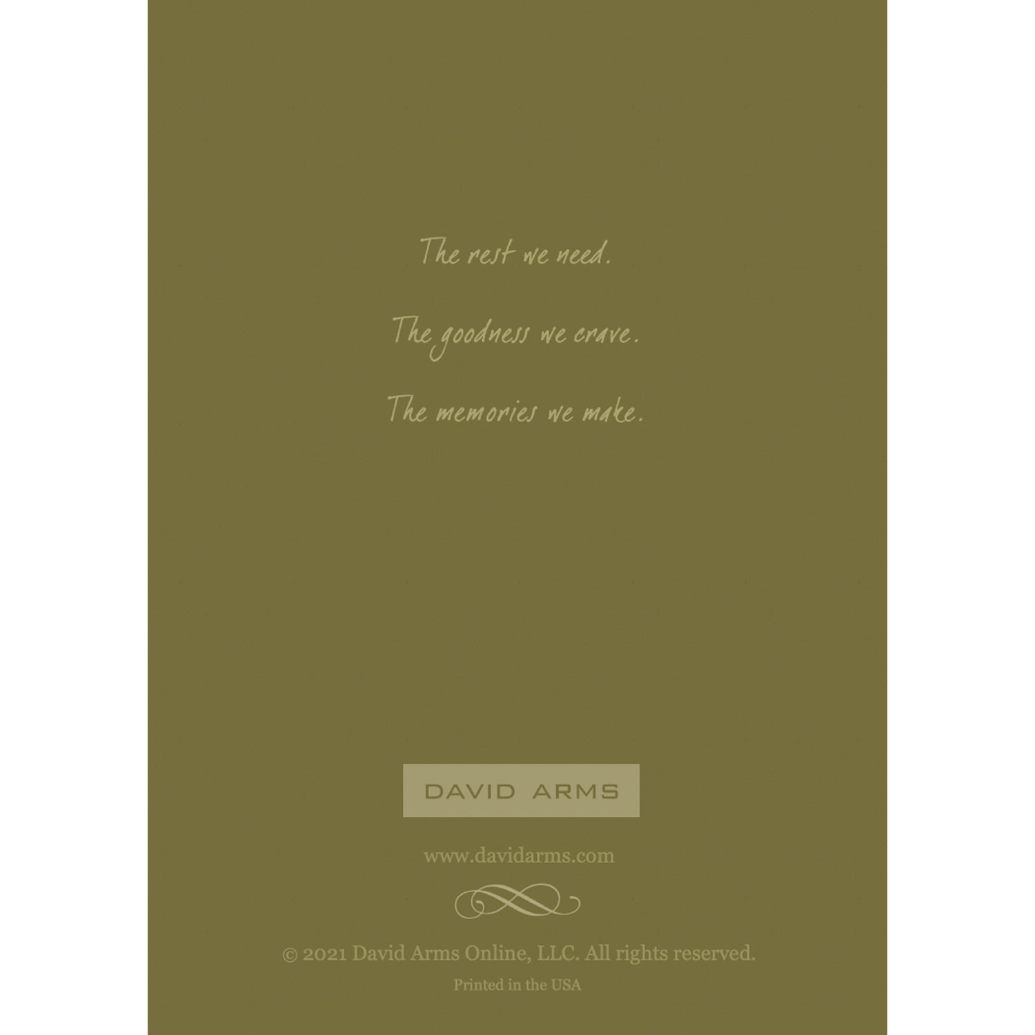 The olive green back side of the greeting card, featuring a quote from artist David Arms.