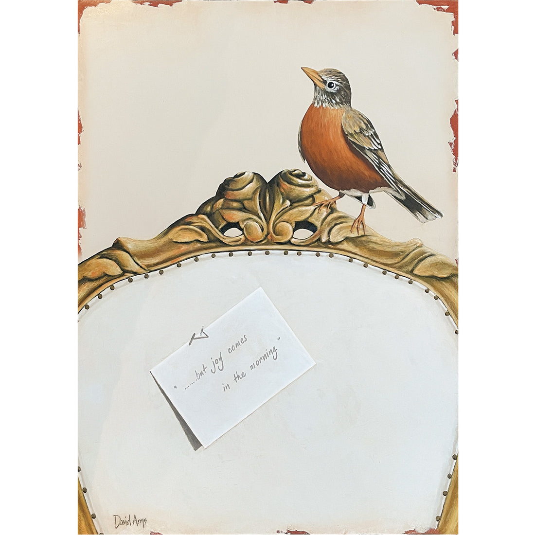 An illustration of an orange and brown robin resting on the ornate back of a white upholstered chair with a note pinned to it reading &quot;...but joy comes in the morning&quot;, over a light  tan background.