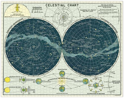 A 1000-piece Celestial Puzzle by Cavallini Papers &amp; Co contained in a cylindrical box with vintage illustrations and a star chart design.