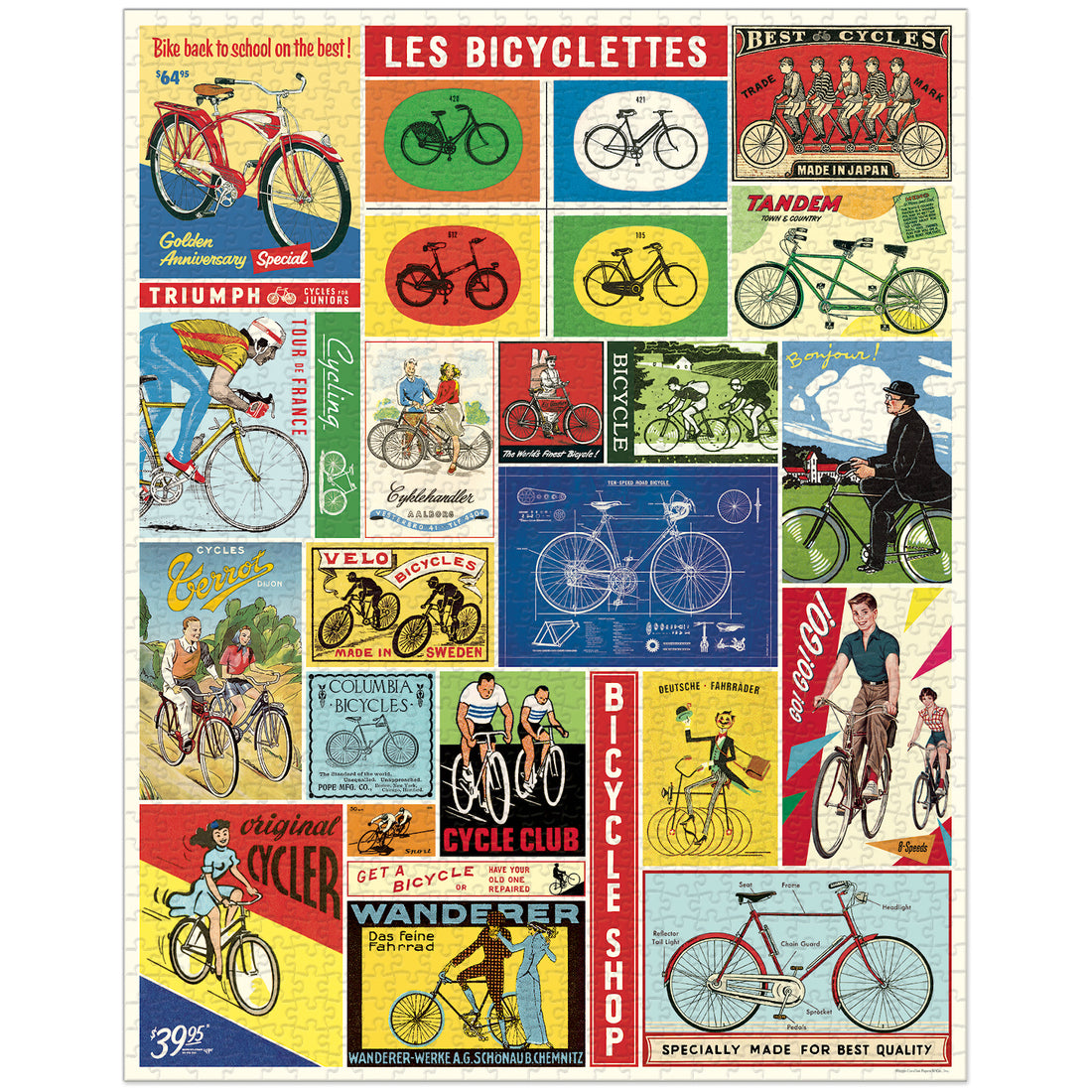 A Bicycles Puzzle in a cylindrical container with vintage illustrations of an arboretum, sourced from the Cavallini archives.