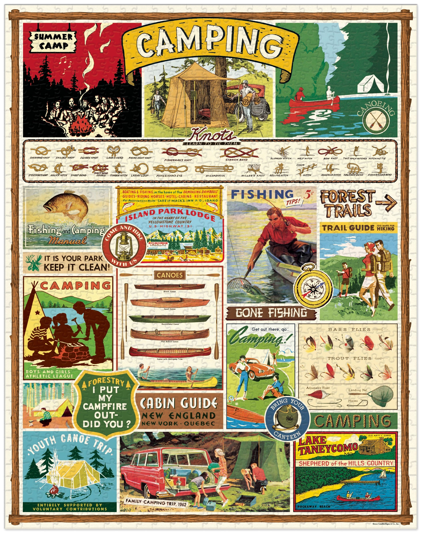 A 1000-piece Camping Puzzle featuring vintage illustrations of a camping theme, packed in a cylindrical container by Cavallini Papers &amp; Co.