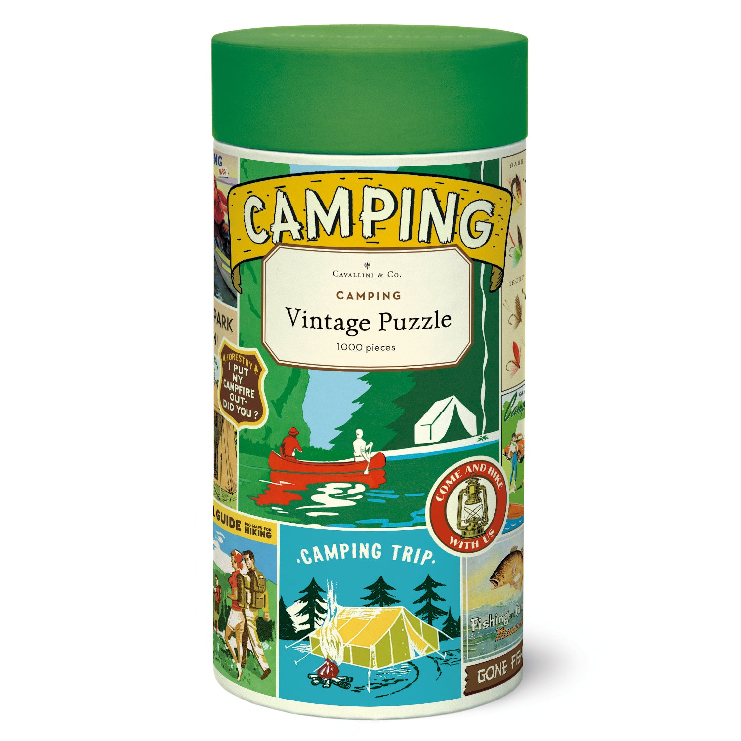 A 1000-piece Camping Puzzle featuring vintage illustrations of a camping theme, packed in a cylindrical container by Cavallini Papers &amp; Co.