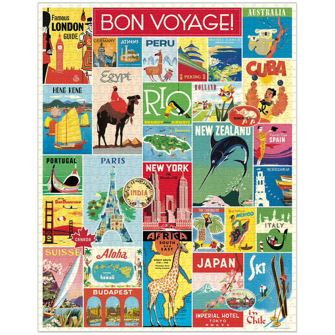 Bon voyage Cavallini Papers &amp; Co vintage travel puzzle with illustrations.
