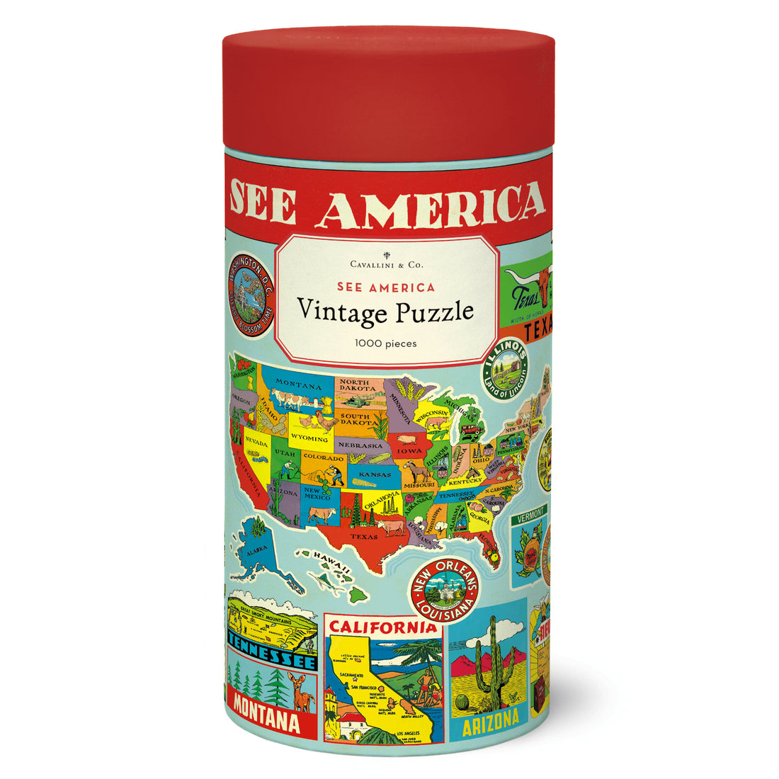 A round red and white See America Puzzle container with a map of the United States, featuring vintage illustrations by Cavallini Papers &amp; Co.