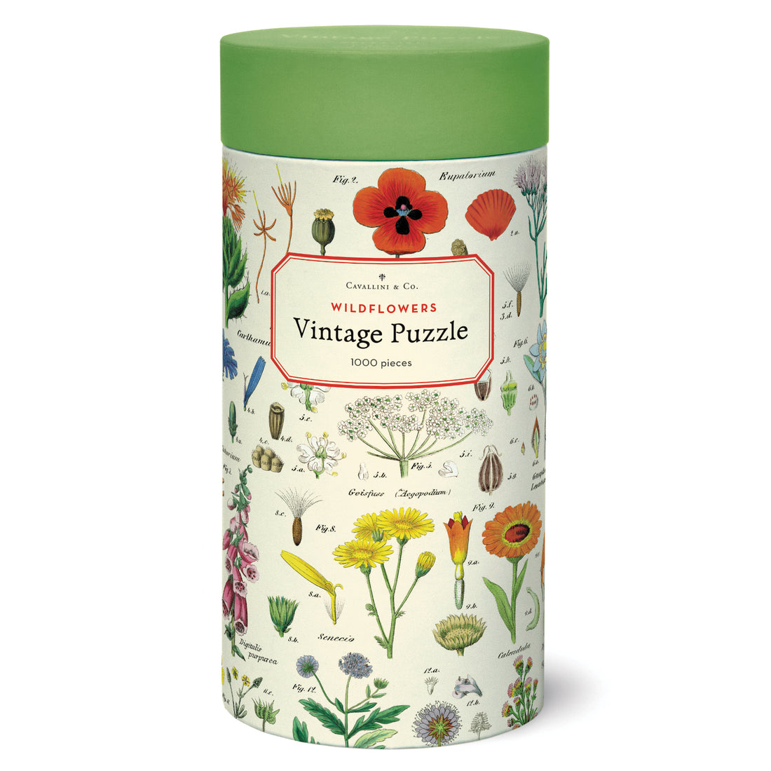 A Cavallini Papers &amp; Co cylindrical container with a Wildflowers Puzzle design, containing 1000 pieces.