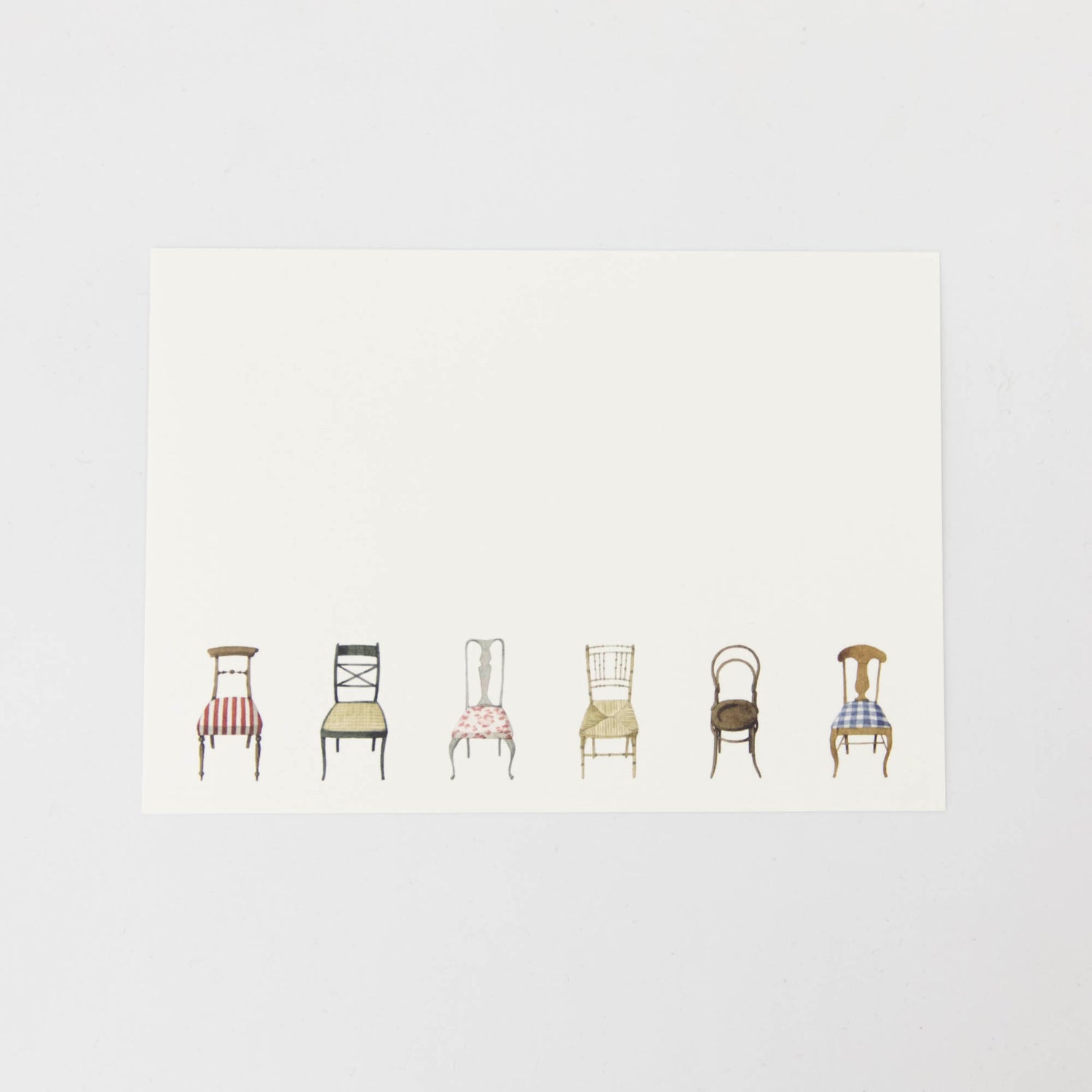 An environmentally responsible Musical Chairs Flat Notes card featuring a row of chairs by Hester &amp; Cook.