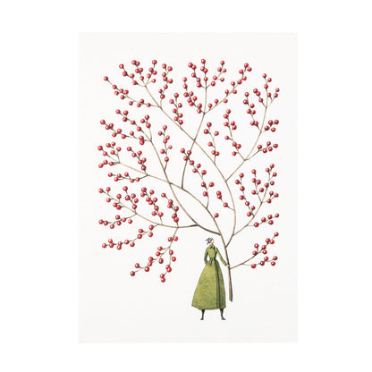 Illustration of a figure with a large, branching red berry tree growing from its head, featuring on a Hester &amp; Cook Red Berries Card, Set of 10 in A6 size.