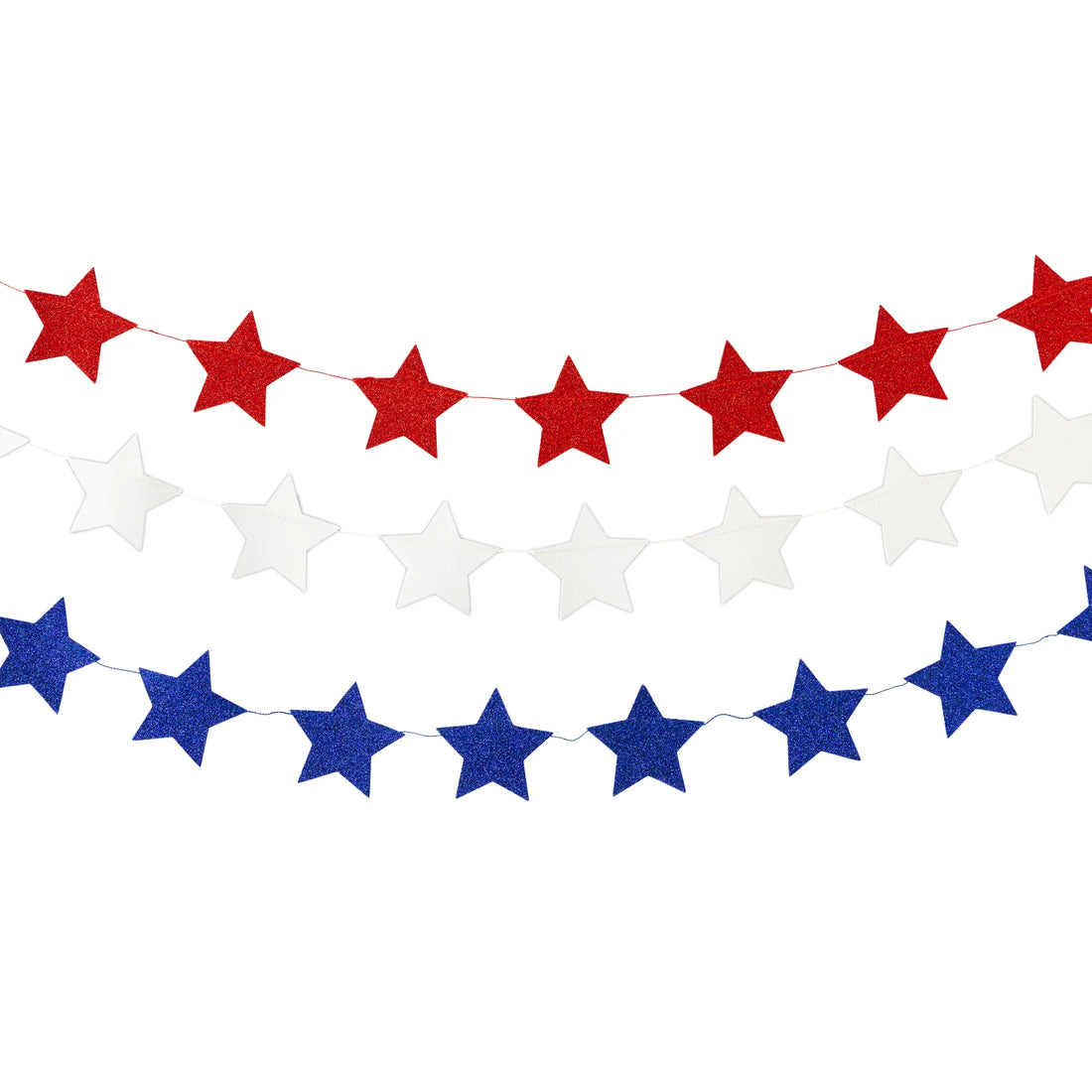 A set of three glittery star-shaped banners in red, white, and blue, arranged in a curved pattern.