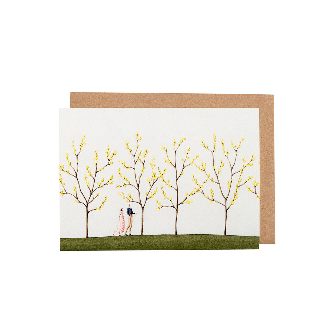 An Hester &amp; Cook Spring Walk Greeting Card featuring an illustration of a couple in a park surrounded by trees. The intricate artwork adds a touch of elegance to this heartwarming card.