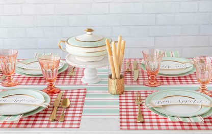 A table setting with a Seafoam &amp; Red Awning Stripe Runner by Hester &amp; Cook, perfect for entertaining.