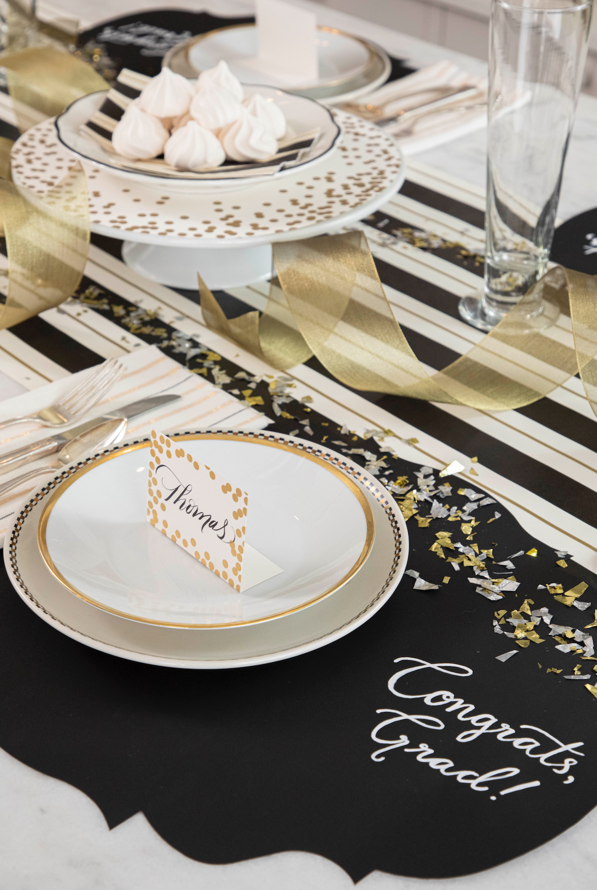 The Black &amp; Gold Awning Stripe Runner under a festive graduation-themed tablescape.